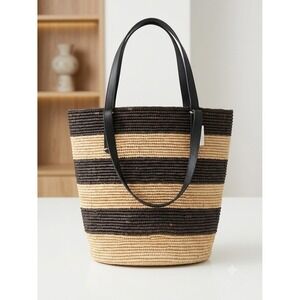 Sensi Studio Ecuador Striped Straw Tote Bag Black Natural Leather Trim Shoulder